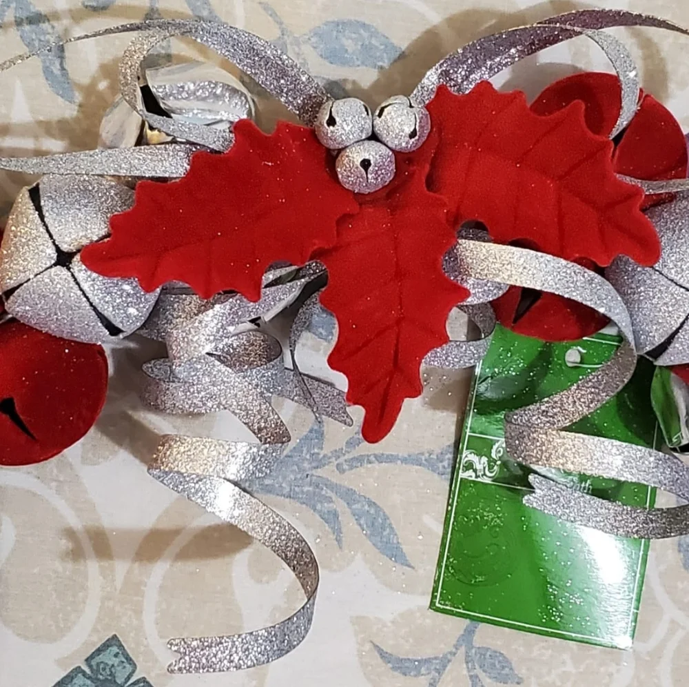 Silver And Red Velvet Jingle Bell Wreath Ornament. NWT